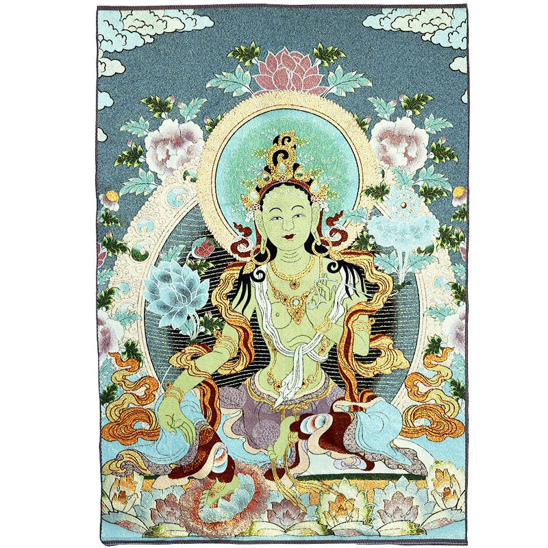 Buddha Stones Tibetan Embroidery White Tara Thangka Tapestry Wall Hanging Wall Art Meditation for Home Decor