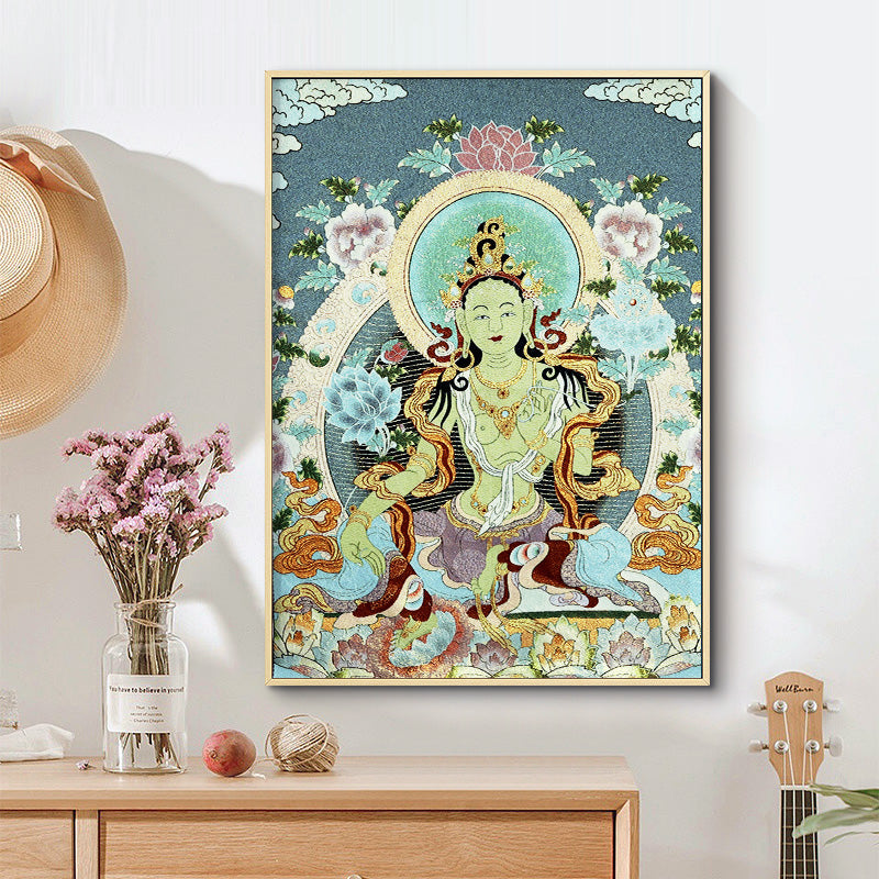 Buddha Stones Tibetan Embroidery White Tara Thangka Tapestry Wall Hanging Wall Art Meditation for Home Decor