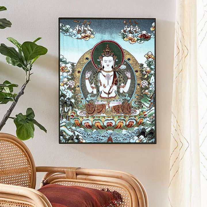 Buddha Stones Tibetan Embroidery White Tara Thangka Tapestry Wall Hanging Wall Art Meditation for Home Decor