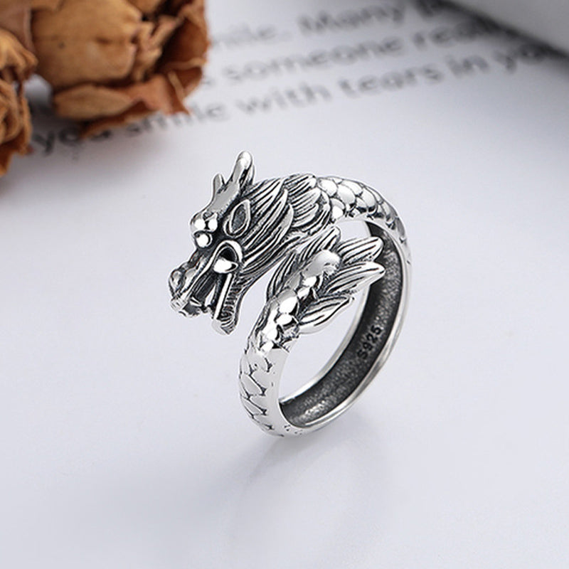 Buddha Stones 925 Sterling Silver Year Of The Dragon Luck Strength Adjustable Metal Ring - image 1