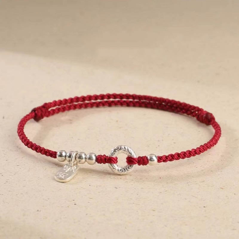 Buddha Stones 925 Sterling Silver Auspicious Clouds Peace Buckle Safe And Sound Bracelet Anklet - Dark Red - Anklet(Circumference 16-26cm) - image 0