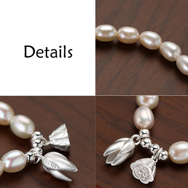 Buddha Stones 999 Sterling Silver Lotus Flower Pod Natural Pearl Healing Bracelet - image 7