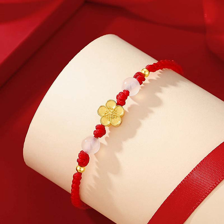 Buddha Stones Handmade 925 Sterling Silver Peach Blossom Cherry Sakura Chalcedony Bead Luck Red Rope Bracelet - image 3