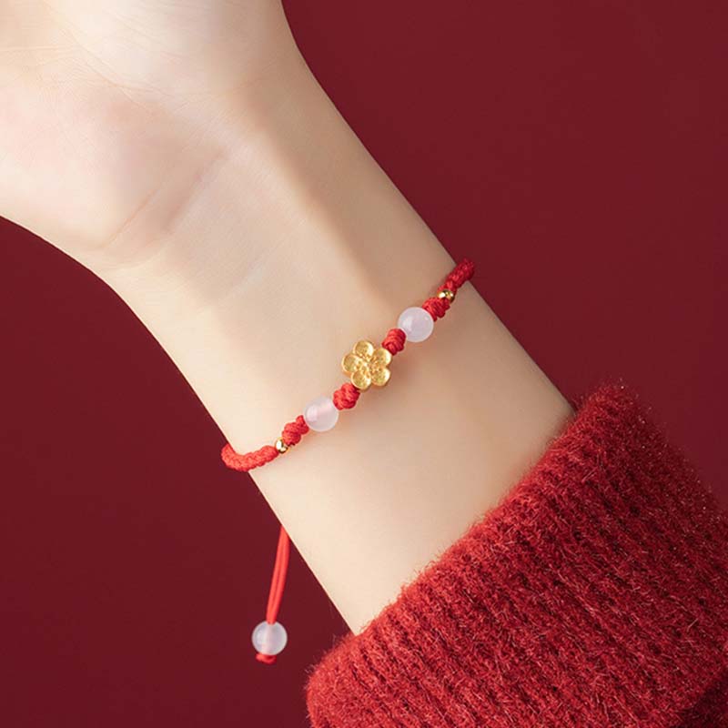 Buddha Stones Handmade 925 Sterling Silver Peach Blossom Cherry Sakura Chalcedony Bead Luck Red Rope Bracelet - image 8
