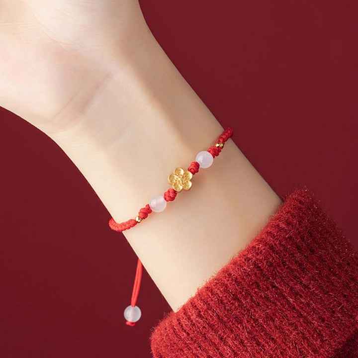 Buddha Stones Handmade 925 Sterling Silver Peach Blossom Cherry Sakura Chalcedony Bead Luck Red Rope Bracelet - image 8