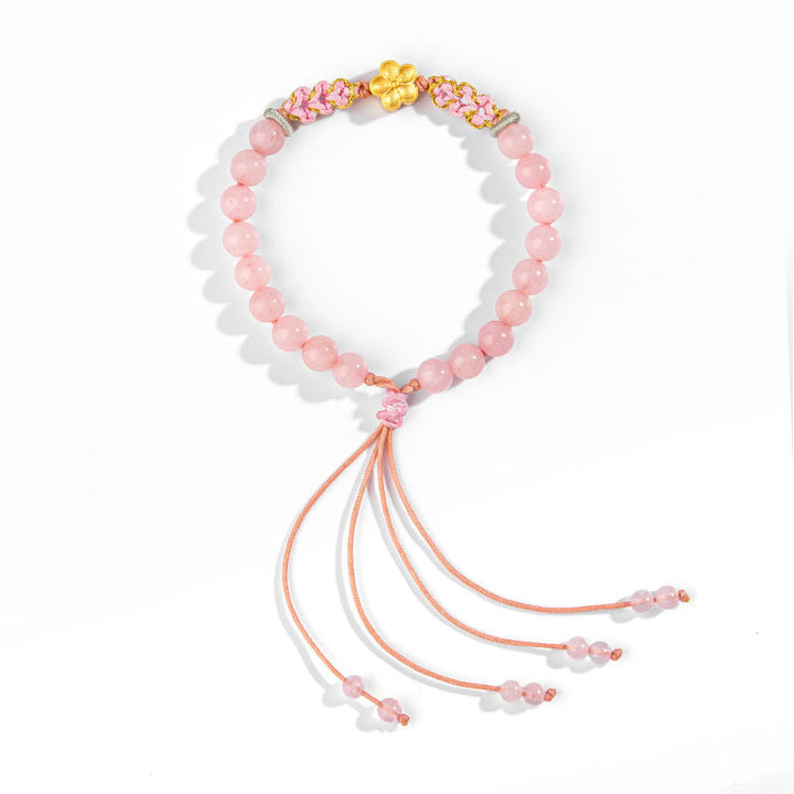 Buddha Stones 999 Sterling Silver Natural Red Agate Pink Crystal Cherry blossom Bracelet - image 3