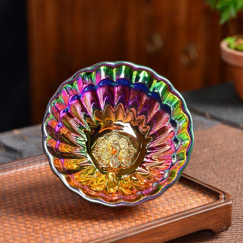 Buddha Stones Lotus Peacock Inlaid Multicolored Chinese Jianzhan Ceramic Teacup Kung Fu Tea Cup