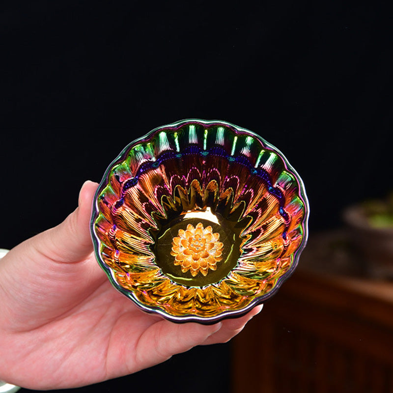 Buddha Stones Lotus Peacock Inlaid Multicolored Chinese Jianzhan Ceramic Teacup Kung Fu Tea Cup