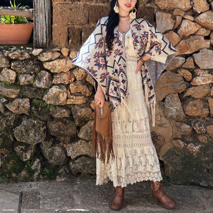 Buddha Stones Tibetan Shawl Striped Geometry Pattern Winter Cozy Travel Knitted Scarf Wrap - Beige 130*150cm - image 3