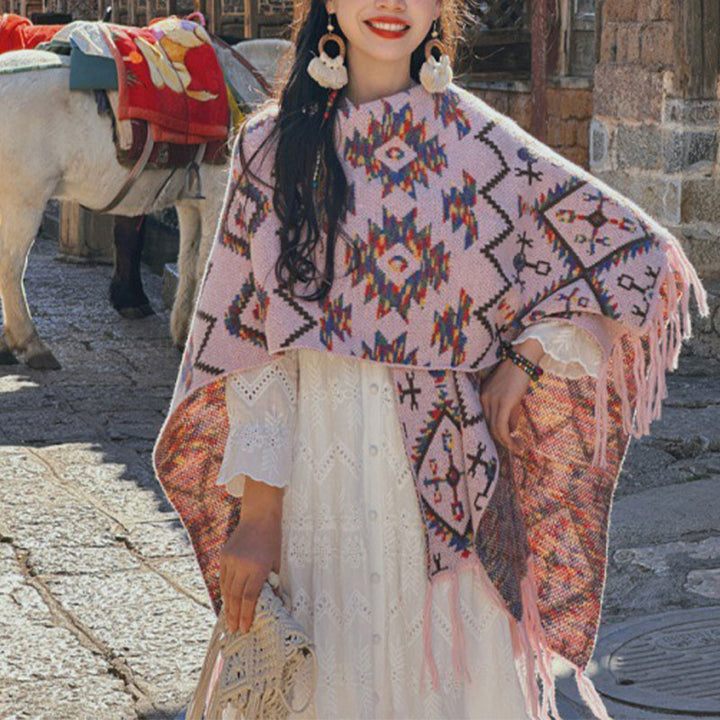 Buddha Stones Tibetan Shawl Striped Geometry Pattern Winter Cozy Travel Knitted Scarf Wrap - Pink 130*150cm - image 8