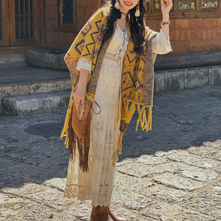 Buddha Stones Tibetan Shawl Striped Geometry Pattern Winter Cozy Travel Knitted Scarf Wrap - image 2