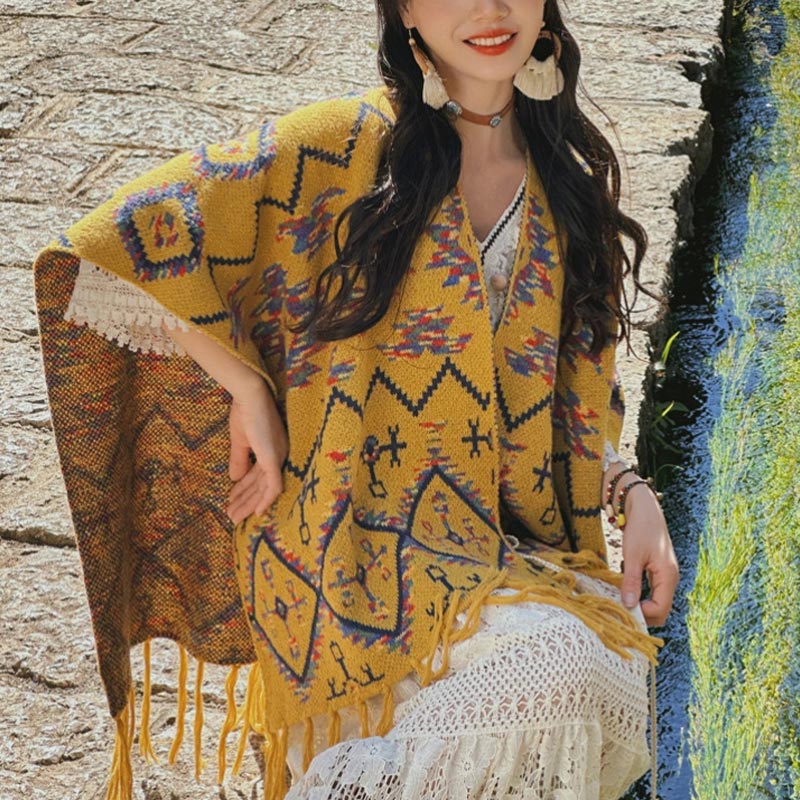 Buddha Stones Tibetan Shawl Striped Geometry Pattern Winter Cozy Travel Knitted Scarf Wrap - image 1