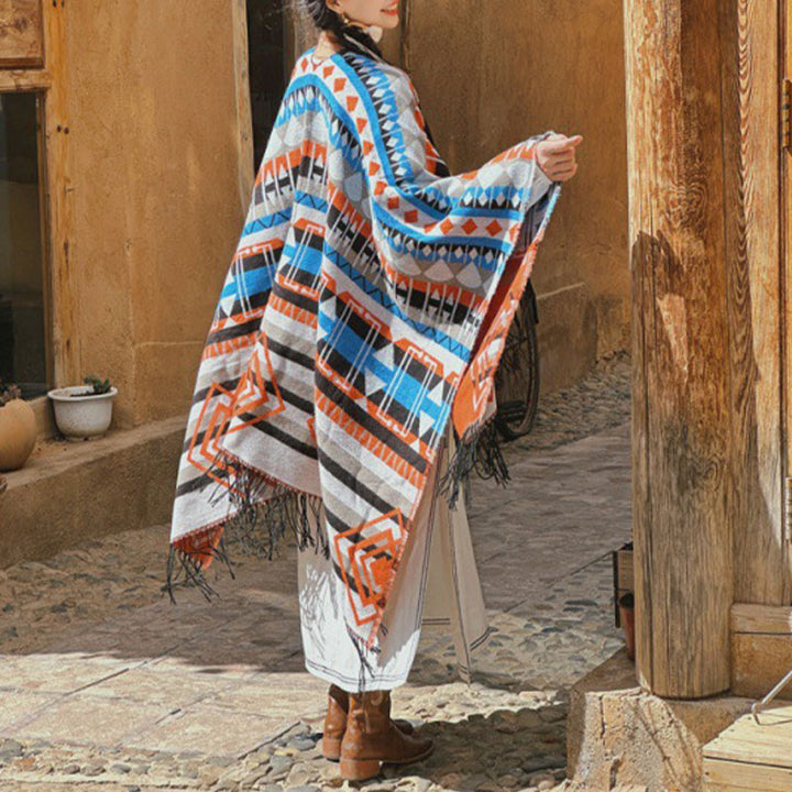 Buddha Stones Tibetan Shawl Striped Geometric Pattern Winter Cozy Travel Tassel Scarf Wrap - Blue Gray 130*150cm - image 0