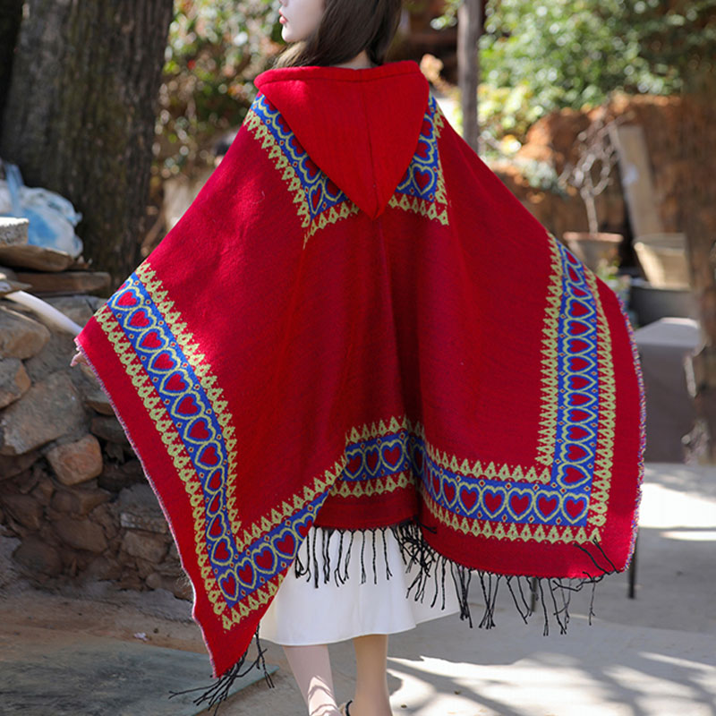 Buddha Stones Tibetan Shawl Red Love Heart Tassel Hooded Cloak Winter Cozy Travel Scarf Wrap - image 4