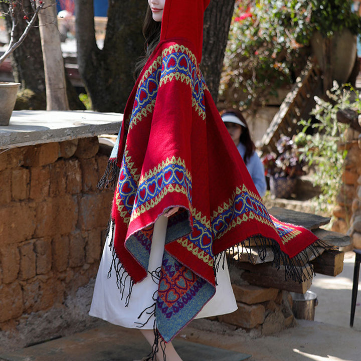 Buddha Stones Tibetan Shawl Red Love Heart Tassel Hooded Cloak Winter Cozy Travel Scarf Wrap - image 11