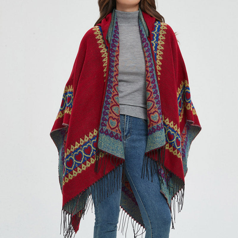 Buddha Stones Tibetan Shawl Red Love Heart Tassel Hooded Cloak Winter Cozy Travel Scarf Wrap - image 16