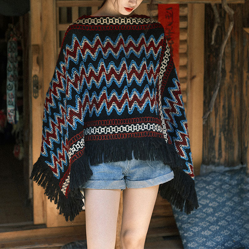 Buddha Stones Tibetan Shawl Striped Knitted Tassels Pullover Winter Cozy Travel Scarf Wrap - image 2