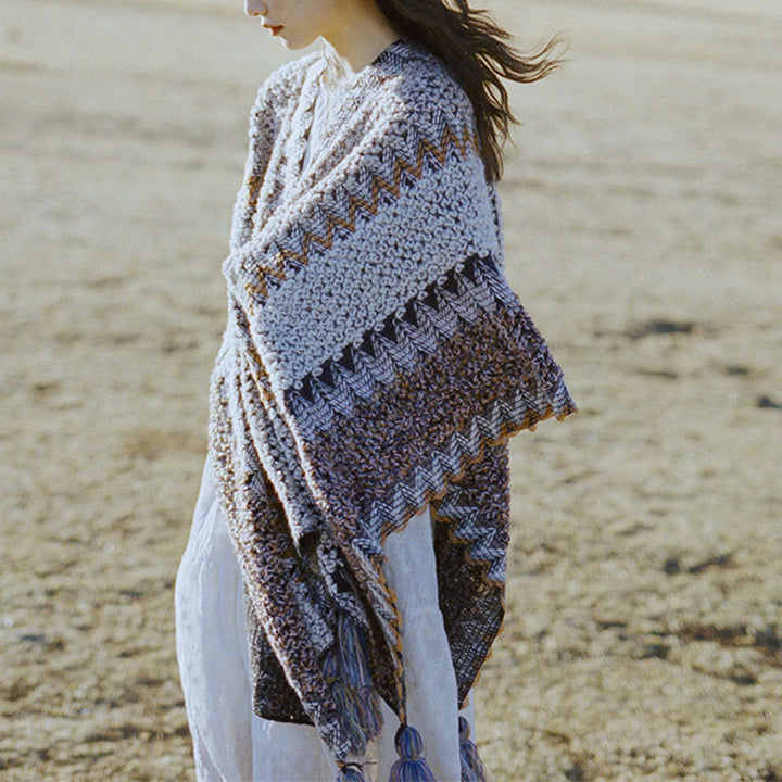 Buddha Stones Tibetan Shawl Gray Brown Striped Knitted Tassels Winter Cozy Travel Scarf Wrap - 140*110cm - image 0