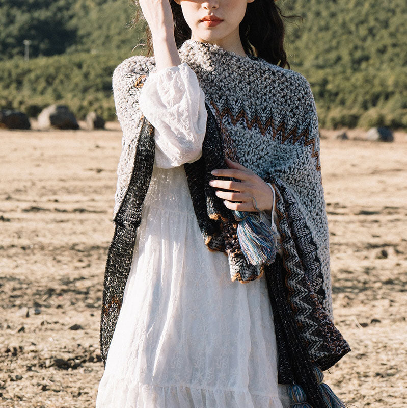 Buddha Stones Tibetan Shawl Gray Brown Striped Knitted Tassels Winter Cozy Travel Scarf Wrap - image 1