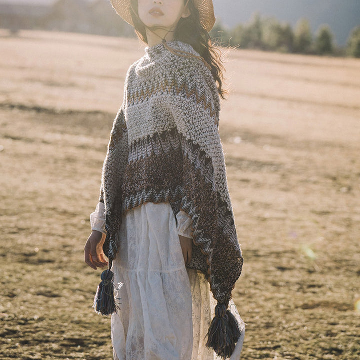 Buddha Stones Tibetan Shawl Gray Brown Striped Knitted Tassels Winter Cozy Travel Scarf Wrap - image 2