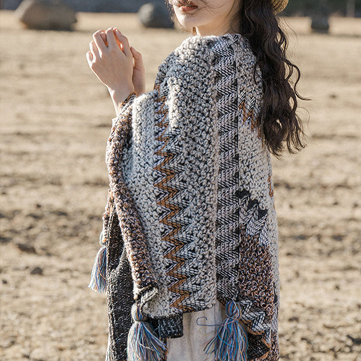 Buddha Stones Tibetan Shawl Gray Brown Striped Knitted Tassels Winter Cozy Travel Scarf Wrap - image 3