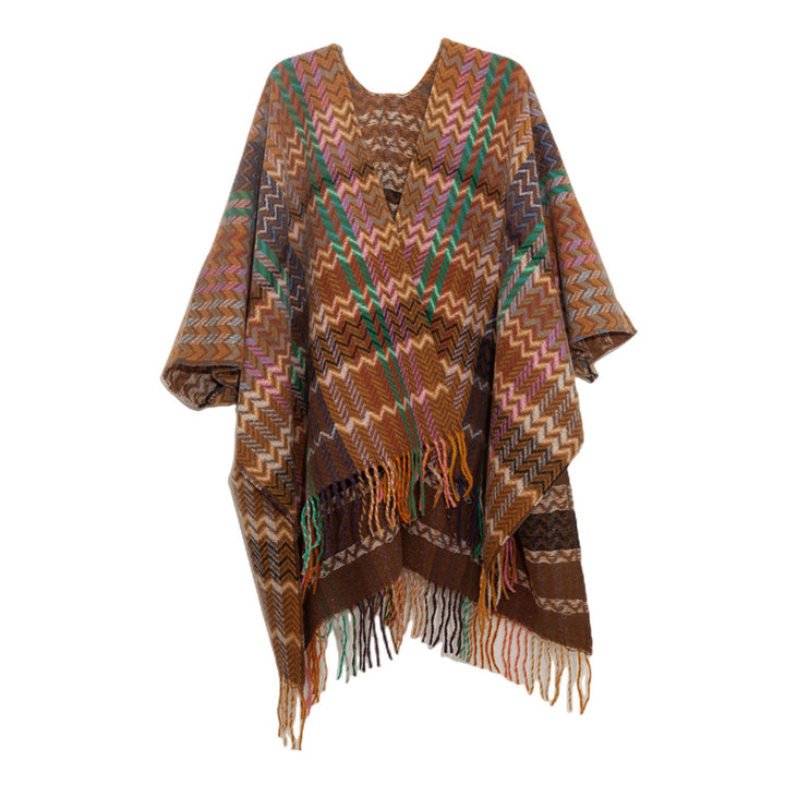 Buddha Stones Tibetan Shawl Colorful Wavy Line Tassels Winter Cozy Travel Scarf Wrap - Brown Colorful 155*130cm - image 25
