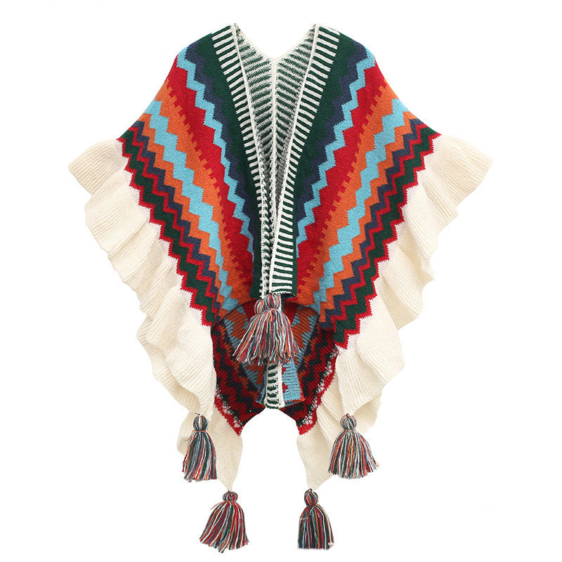 Buddha Stones Tibetan Shawl Colorful Striped Wavy Line Tassels Winter Cozy Travel Scarf Wrap - Beige Red Blue 85*135cm - image 20