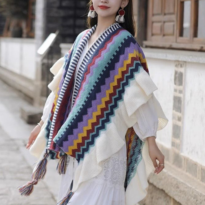 Buddha Stones Tibetan Shawl Colorful Striped Wavy Line Tassels Winter Cozy Travel Scarf Wrap - image 6