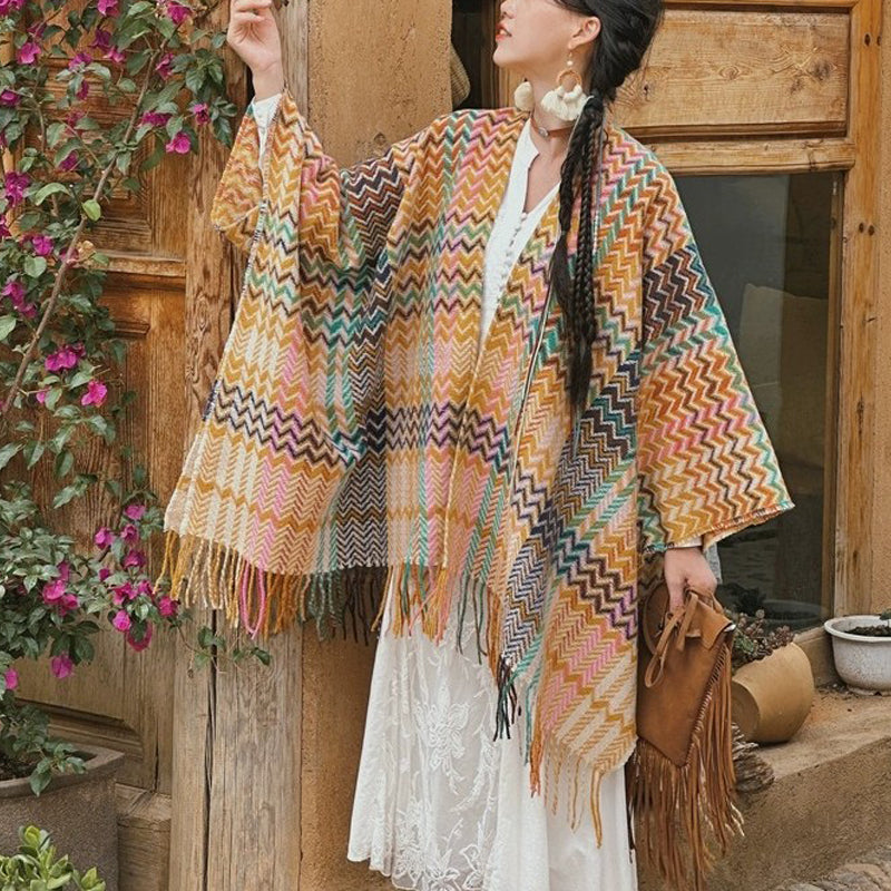 Buddha Stones Tibetan Shawl Colorful Wavy Striped Shapes Tassels Winter Cozy Travel Scarf Wrap - Yellow Green - image 0