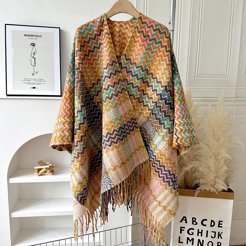 Buddha Stones Tibetan Shawl Colorful Wavy Striped Shapes Tassels Winter Cozy Travel Scarf Wrap - image 1