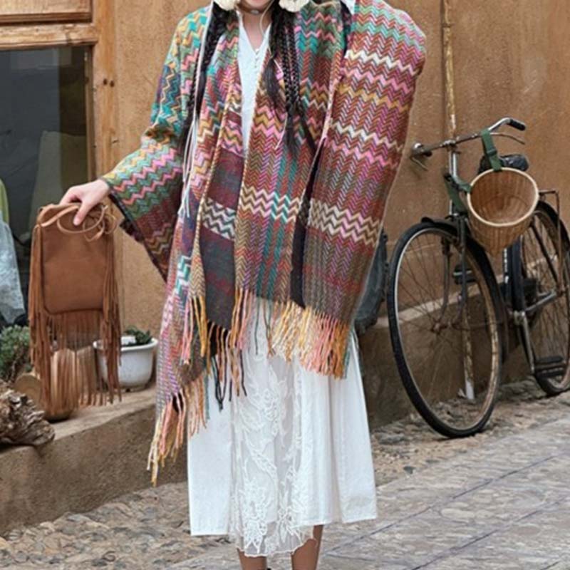 Buddha Stones Tibetan Shawl Colorful Wavy Striped Shapes Tassels Winter Cozy Travel Scarf Wrap - image 16