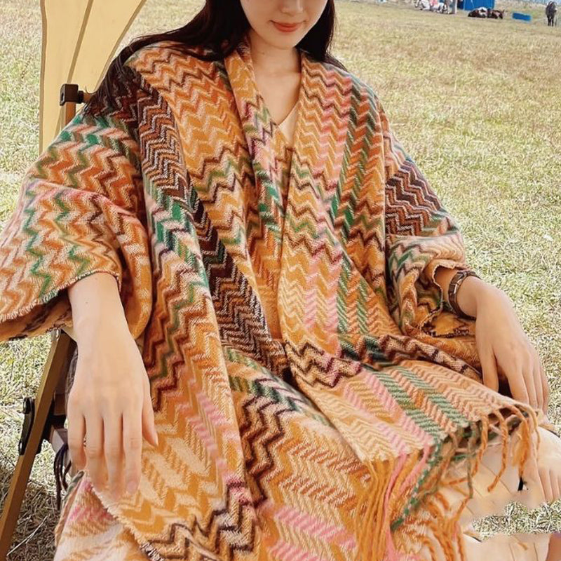 Buddha Stones Tibetan Shawl Colorful Wavy Striped Shapes Tassels Winter Cozy Travel Scarf Wrap - image 2