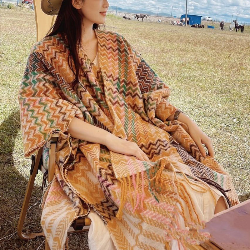 Buddha Stones Tibetan Shawl Colorful Wavy Striped Shapes Tassels Winter Cozy Travel Scarf Wrap - image 3