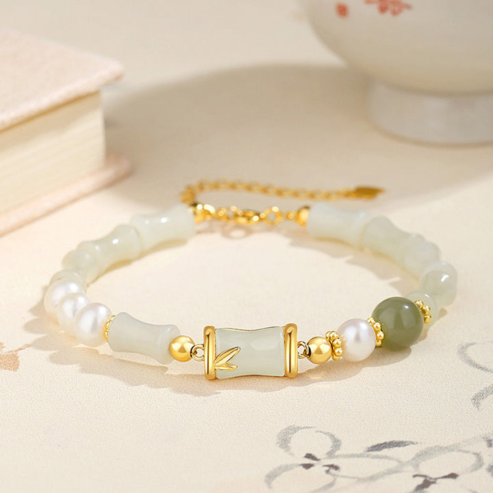 Buddha Stones 925 Sterling Silver Natural Hetian White Jade Bamboo Luck Blessing Bracelet - Hetian White Jade(Protection♥Happiness)(Wrist Circumference 14-20cm) - image 0