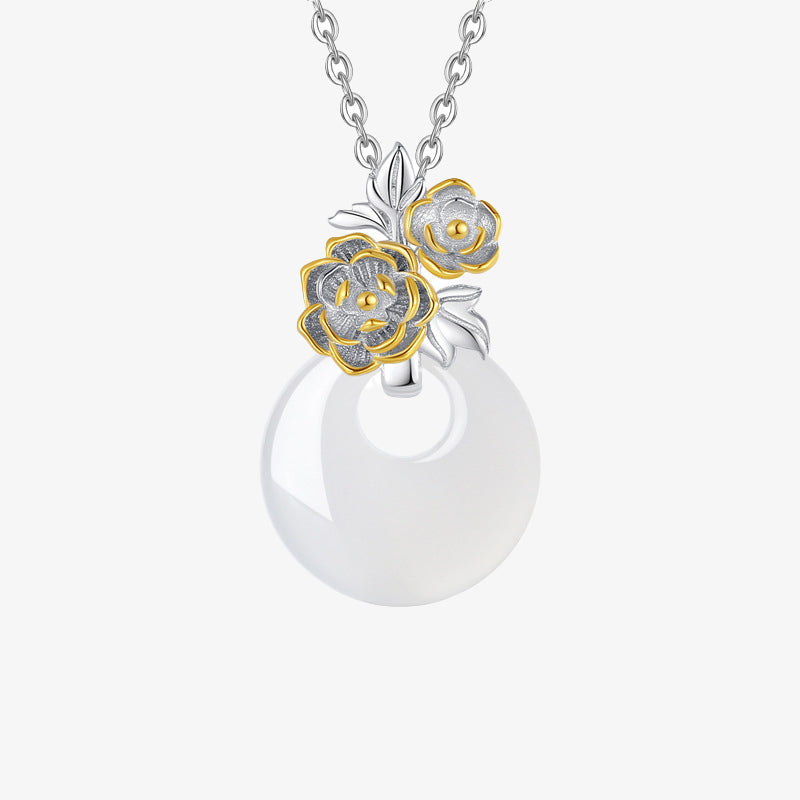 Buddha Stones 925 Sterling Silver Round Chalcedony Twelve Months Flower Harmony Necklace Pendant - Peony - image 7