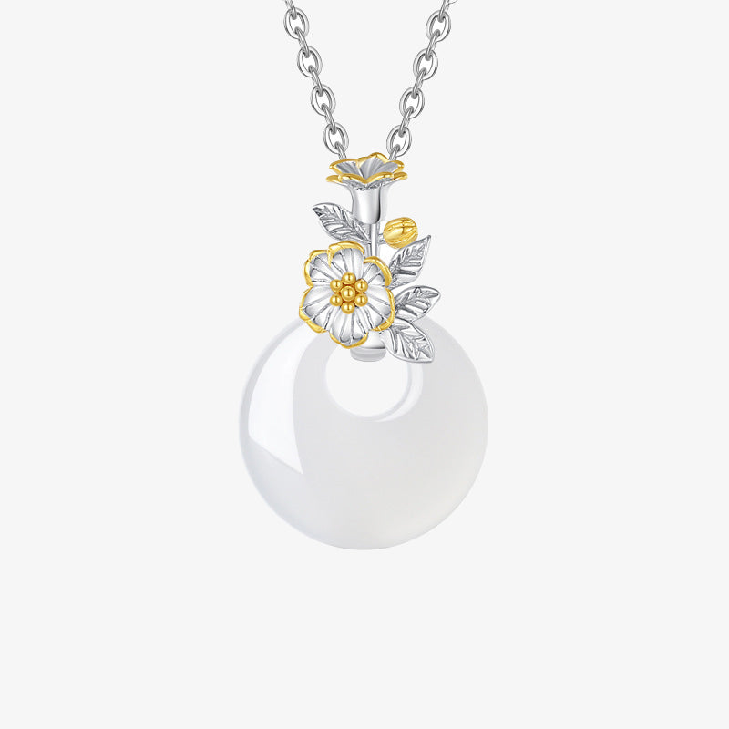 Buddha Stones 925 Sterling Silver Round Chalcedony Twelve Months Flower Harmony Necklace Pendant - Pomegranate Blossom - image 9