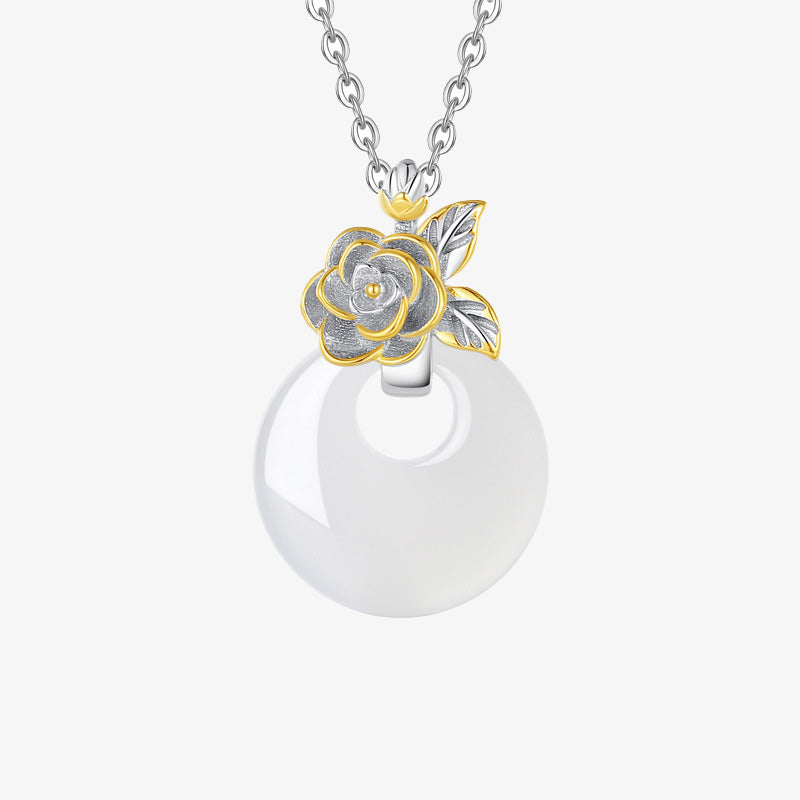 Buddha Stones 925 Sterling Silver Round Chalcedony Twelve Months Flower Harmony Necklace Pendant - Camellia - image 25