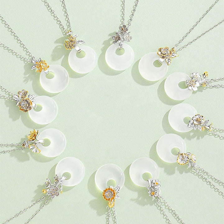 Buddha Stones 925 Sterling Silver Round Chalcedony Twelve Months Flower Harmony Necklace Pendant - image 0