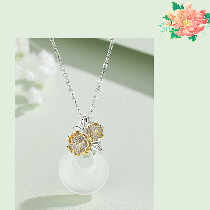 Buddha Stones 925 Sterling Silver Round Chalcedony Twelve Months Flower Harmony Necklace Pendant - image 8