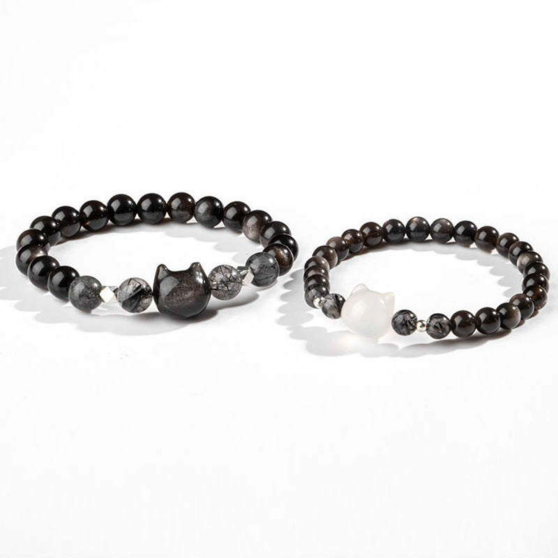 Buddha Stones Natural Silver Sheen Obsidian Cute Cat Head Protection Bracelet - image 9