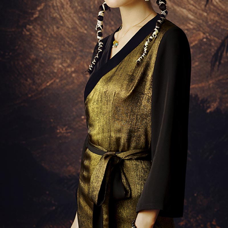 Buddha Stones Tibetan Dress Clothing Lhasa Gold Black Long Wrap Dress Maxi Dress Women Clothing