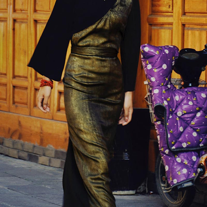 Buddha Stones Tibetan Dress Clothing Lhasa Gold Black Long Wrap Dress Maxi Dress Women Clothing