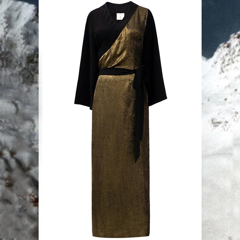 Buddha Stones Tibetan Dress Clothing Lhasa Gold Black Long Wrap Dress Maxi Dress Women Clothing