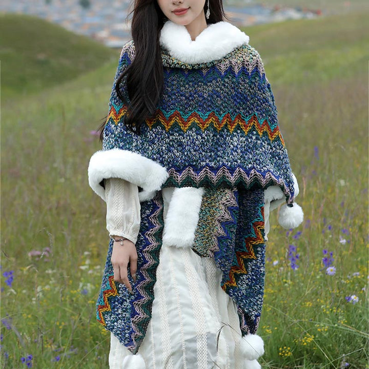 Buddha Stones Tibetan Multicolored Wavy Lines Knitted Striped Shawl Coat Winter Cozy Travel Scarf Wrap - Navy Blue 150*106cm - image 0