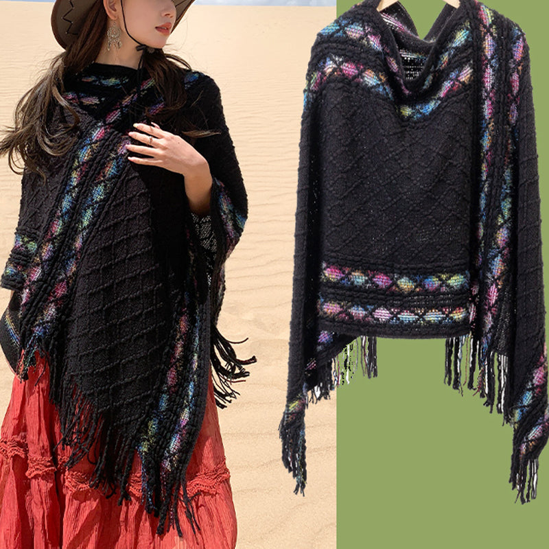 Buddha Stones Tibetan Colorful Striped Rhombus Pattern Shawl Tassels Pullover Winter Cozy Travel Scarf Wrap - Black 150cm*55cm - image 5