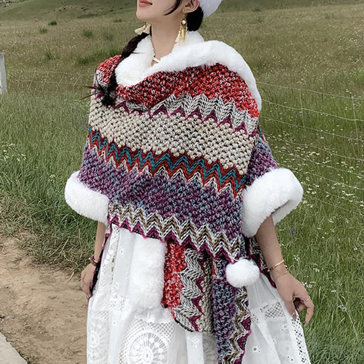 Buddha Stones Tibetan Multicolored Wavy Lines Knitted Striped Shawl Coat Winter Cozy Travel Scarf Wrap - image 29