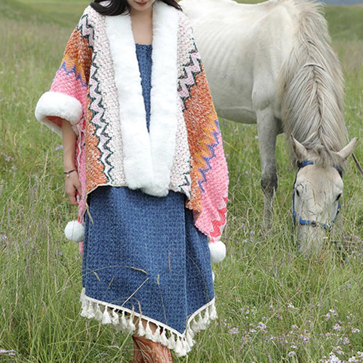 Buddha Stones Tibetan Multicolored Wavy Lines Knitted Striped Shawl Coat Winter Cozy Travel Scarf Wrap - image 21