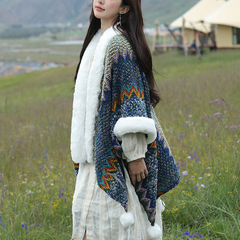 Buddha Stones Tibetan Multicolored Wavy Lines Knitted Striped Shawl Coat Winter Cozy Travel Scarf Wrap - image 3