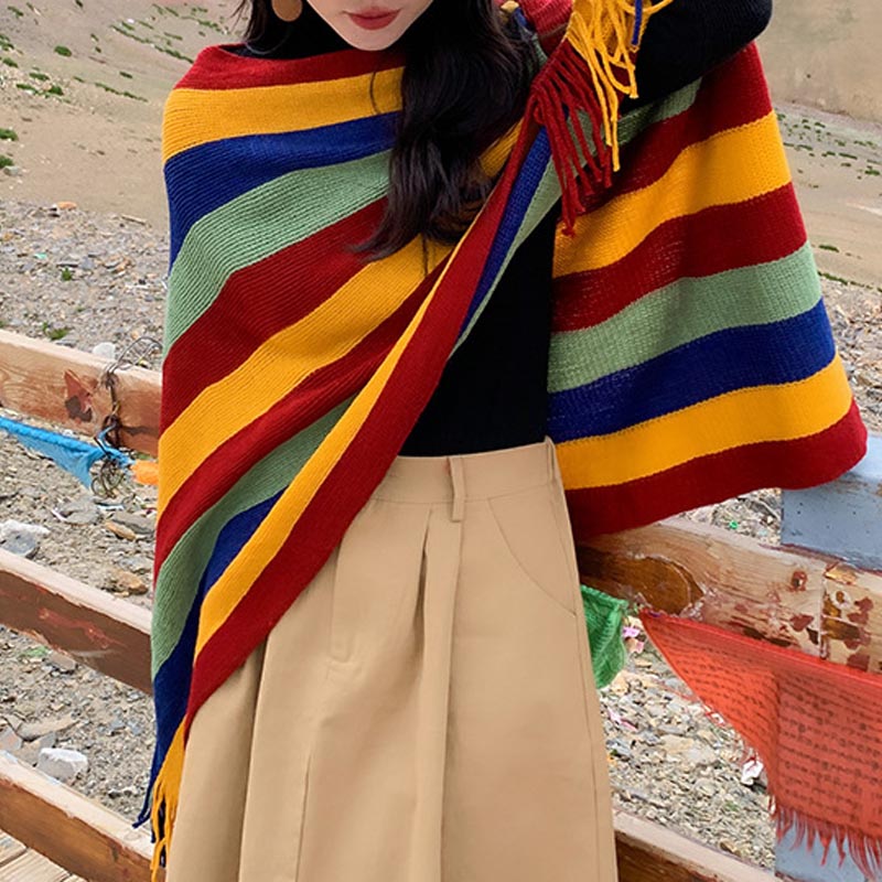 Buddha Stones Tibetan Colorful Striped Design Shawl Tassels Pullover Winter Cozy Travel Scarf Wrap - image 3