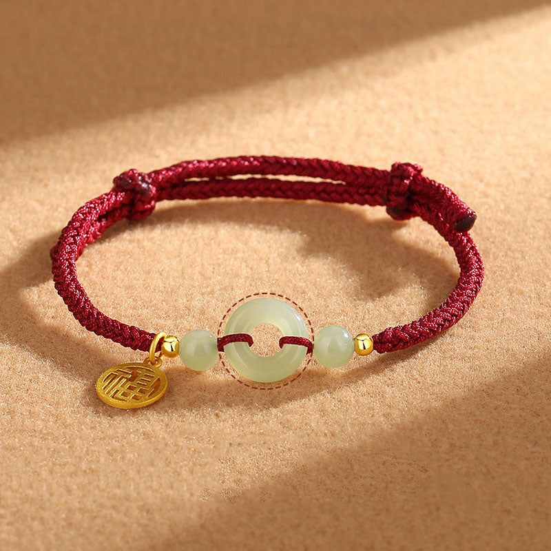 Buddha Stones 925 Sterling Silver Hetian Jade Peace Buckle Fu Character Charm Abundance Bracelet - Red Rope(Wrist Circumference 14-16cm) - image 0